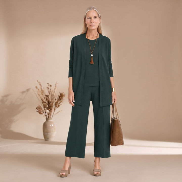 Damen Dreiteiliger Hosenanzug Set Weite Hose Cardigan Top - Grün