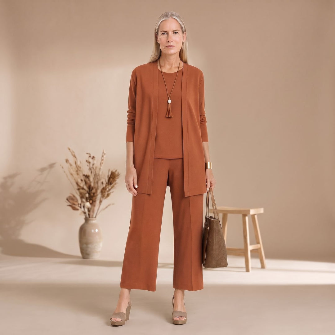 Damen Dreiteiliger Hosenanzug Set Weite Hose Cardigan Top - Hellbraun