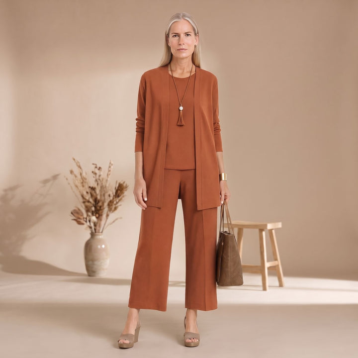 Damen Dreiteiliger Hosenanzug Set Weite Hose Cardigan Top - Hellbraun