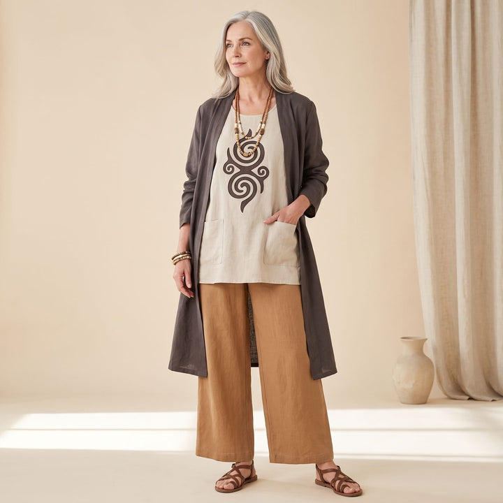 Damen Dreiteiliges Boho-Set Cardigan Oberteil Weithose Tribal-Muster - Dunkelgrau Braun