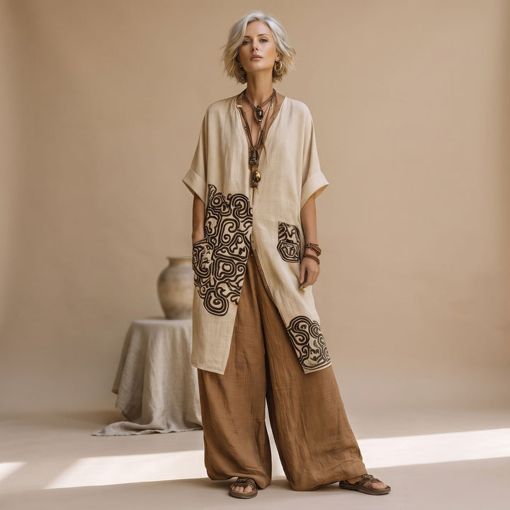 Damen Dreiteiliges Boho-Set Cardigan Oberteil Weithose Tribal-Muster