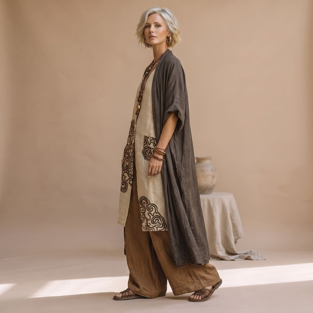 Damen Dreiteiliges Boho-Set Cardigan Oberteil Weithose Tribal-Muster