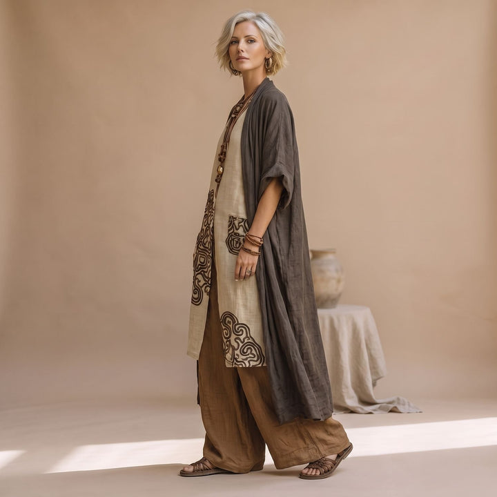 Damen Dreiteiliges Boho-Set Cardigan Oberteil Weithose Tribal-Muster