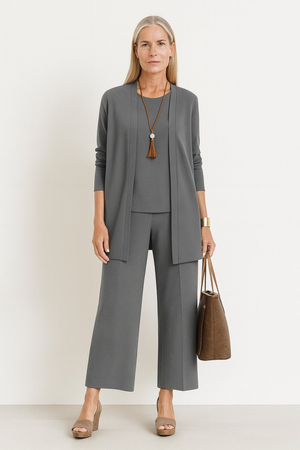 Damen Dreiteiliges Longline-Cardigan Tank-Top Weite Hosen Set - Gray