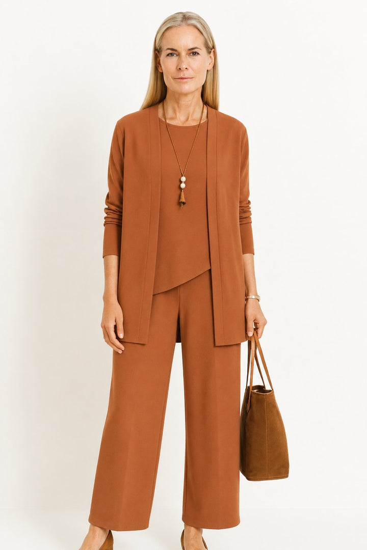 Damen Dreiteiliges Longline-Cardigan Tank-Top Weite Hosen Set - Light Brown