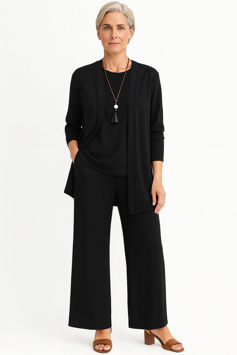 Damen Dreiteiliges Longline-Cardigan Tank-Top Weite Hosen Set - Black