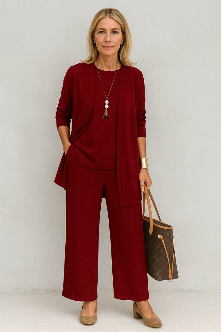 Damen Dreiteiliges Longline-Cardigan Tank-Top Weite Hosen Set - Red