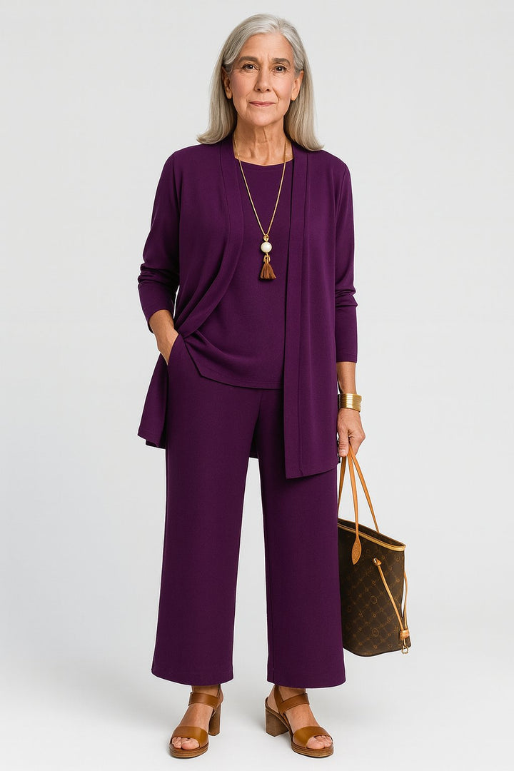 Damen Dreiteiliges Longline-Cardigan Tank-Top Weite Hosen Set - Purple