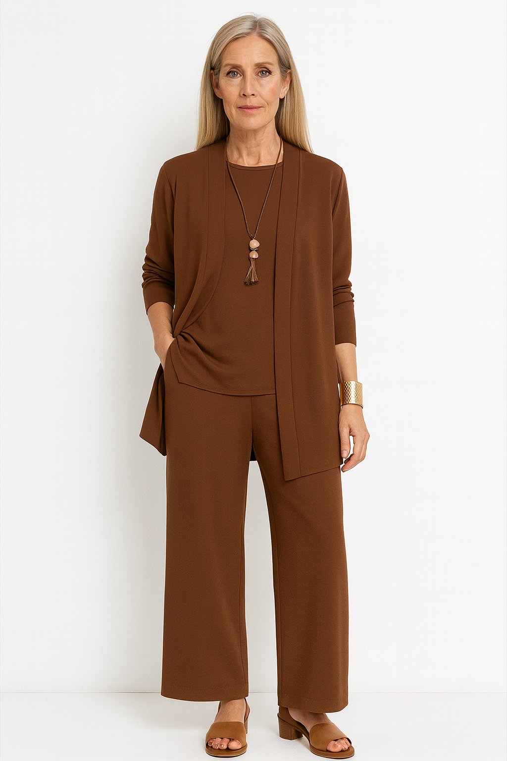 Damen Dreiteiliges Longline-Cardigan Tank-Top Weite Hosen Set - Brown