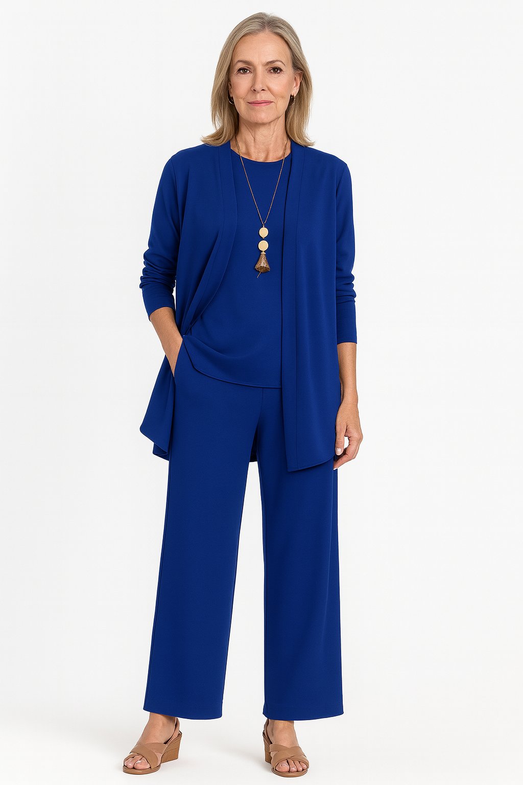 Damen Dreiteiliges Longline-Cardigan Tank-Top Weite Hosen Set - Blue