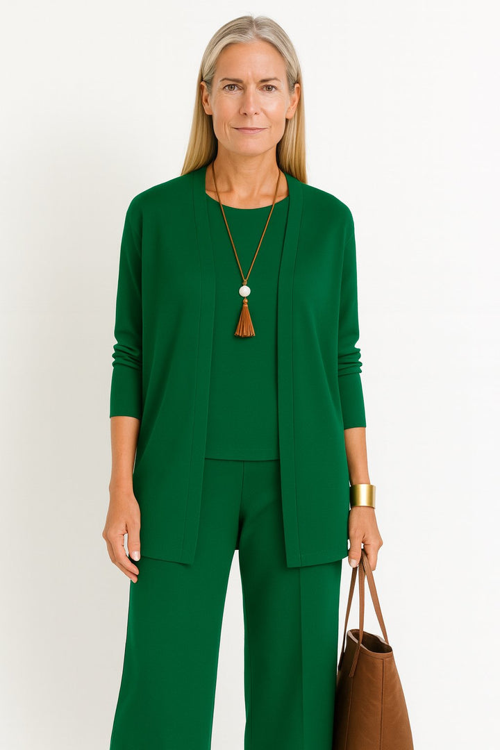 Damen Dreiteiliges Longline-Cardigan Tank-Top Weite Hosen Set - Green
