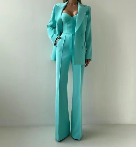 Damen Dreiteiliges Mintgrünes Blazer-Set Korsett-Top Schlaghose - Green