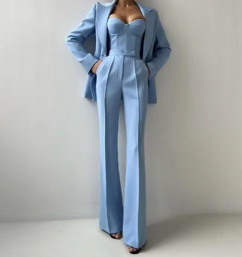 Damen Dreiteiliges Mintgrünes Blazer-Set Korsett-Top Schlaghose - Blue