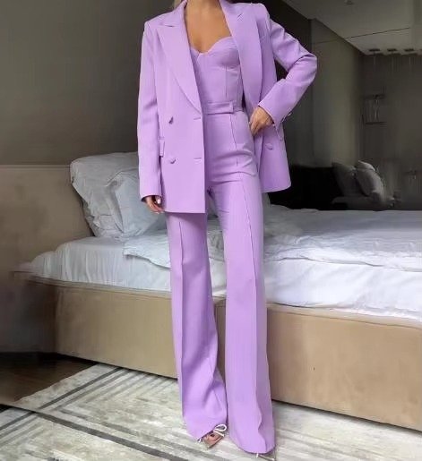 Damen Dreiteiliges Mintgrünes Blazer-Set Korsett-Top Schlaghose - Purple