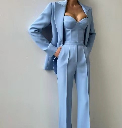 Damen Dreiteiliges Mintgrünes Blazer-Set Korsett-Top Schlaghose