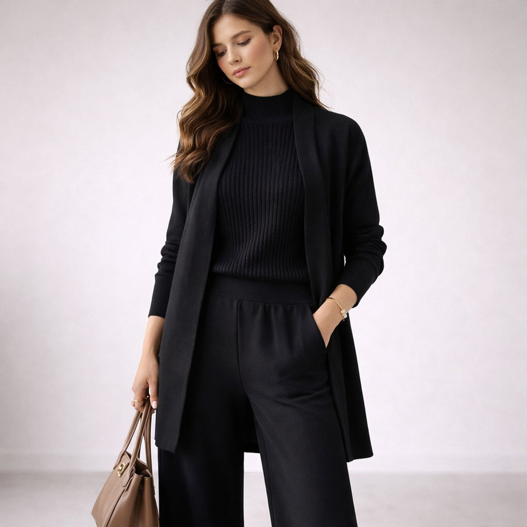 Damen Dreiteiliges Strick-Loungewear-Set mit langem Cardigan - Black