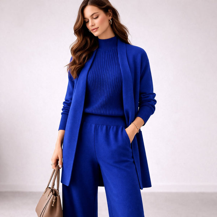 Damen Dreiteiliges Strick-Loungewear-Set mit langem Cardigan - Blue