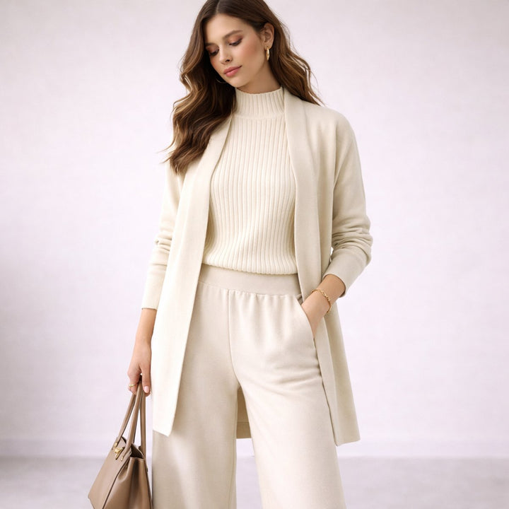 Damen Dreiteiliges Strick-Loungewear-Set mit langem Cardigan - White
