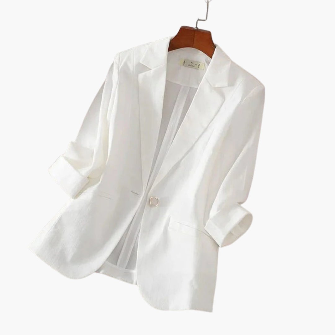 Damen Dreiviertelarm Leinen Blazer mit Einzelknopf - White