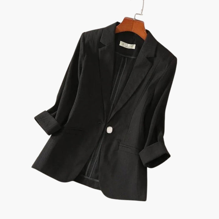 Damen Dreiviertelarm Leinen Blazer mit Einzelknopf - Black