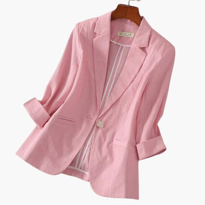Damen Dreiviertelarm Leinen Blazer mit Einzelknopf - Pink