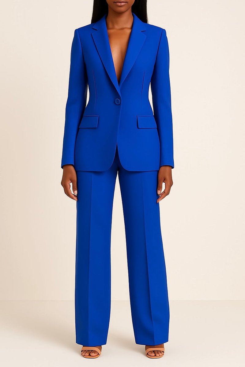 Damen Einknopf-Blazer Weitbein-Hosen Set eleganter Business-Look - Blau