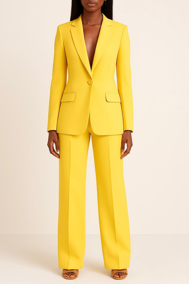 Damen Einknopf-Blazer Weitbein-Hosen Set eleganter Business-Look - Gelb