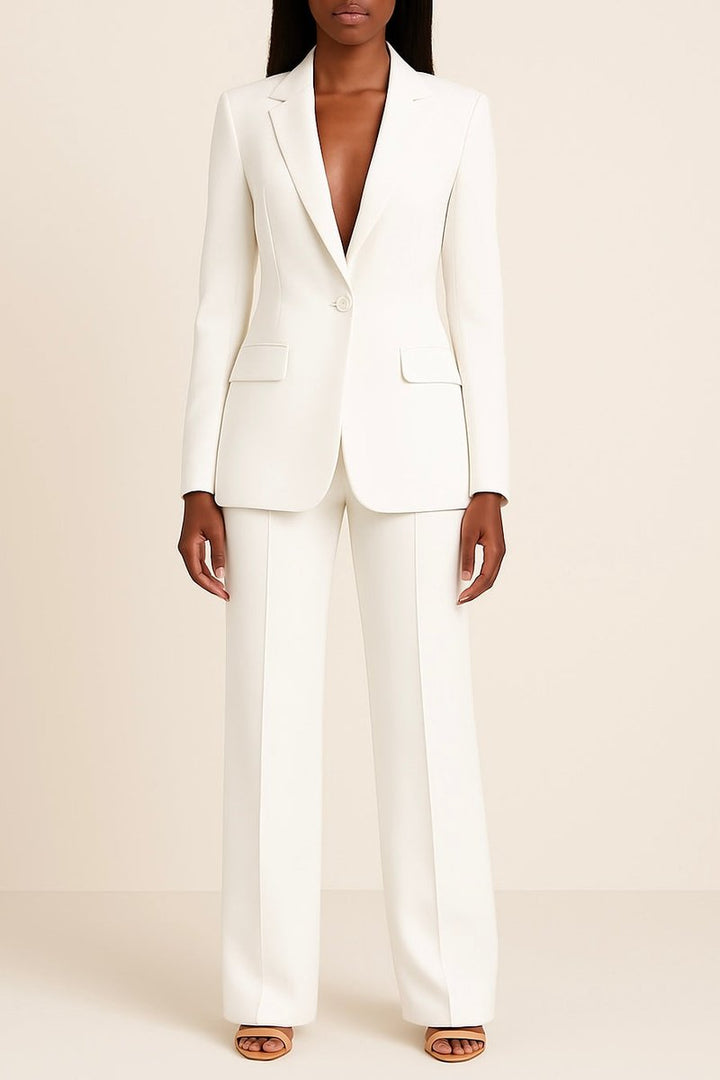 Damen Einknopf-Blazer Weitbein-Hosen Set eleganter Business-Look - Weiß