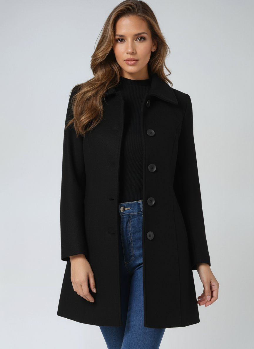 Damen Einreihiger Langmantel Wintermantel mit Reverskragen - Black