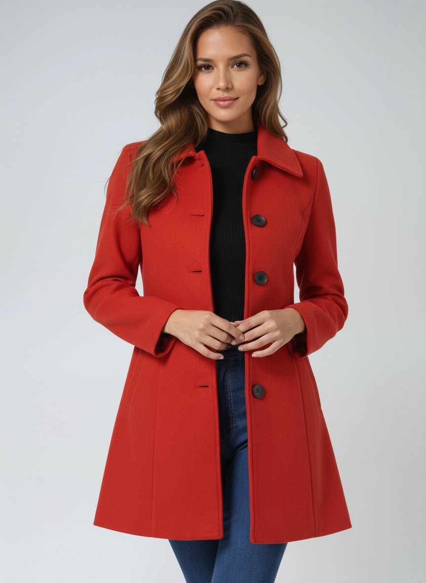 Damen Einreihiger Langmantel Wintermantel mit Reverskragen - Red