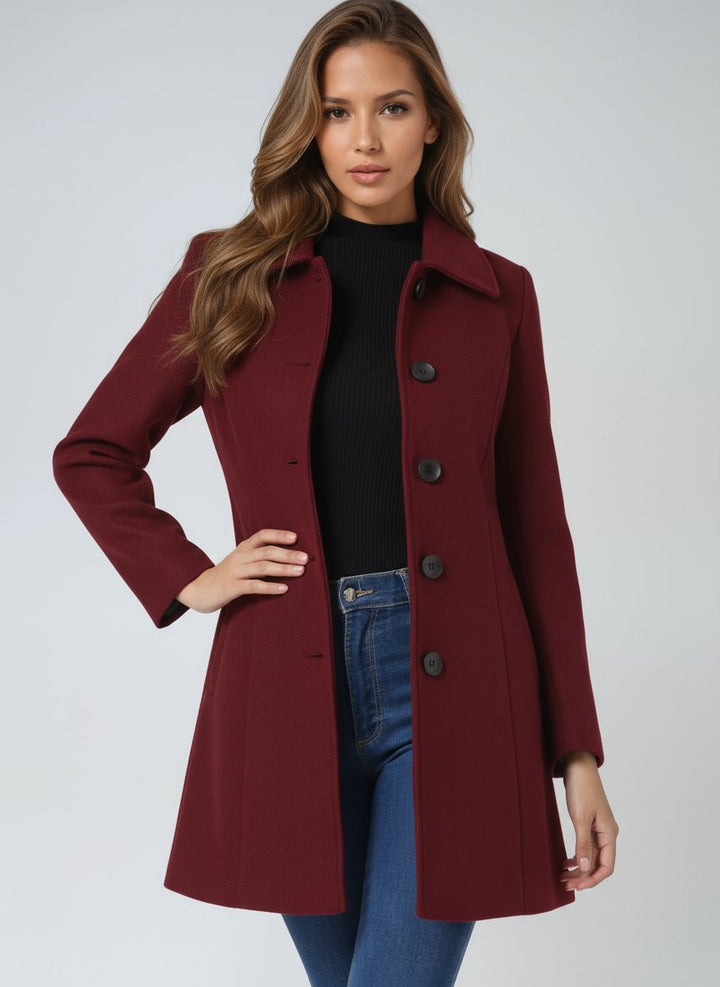 Damen Einreihiger Langmantel Wintermantel mit Reverskragen - Dark Red