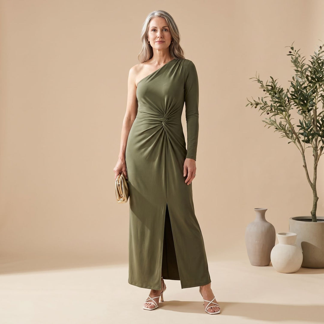 Damen Einschulter Maxi-Abendkleid mit Knotendetail und Schlitz - Mintgrün