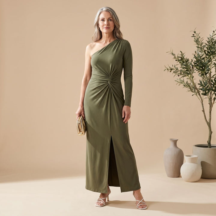 Damen Einschulter Maxi-Abendkleid mit Knotendetail und Schlitz - Mintgrün