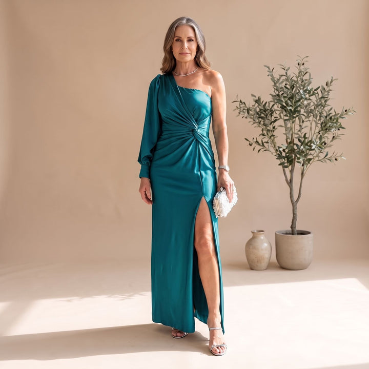 Damen Einschulter Maxi-Abendkleid mit Knotendetail und Schlitz - Türkis