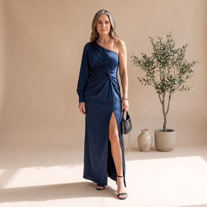 Damen Einschulter Maxi-Abendkleid mit Knotendetail und Schlitz - Dunkelblau