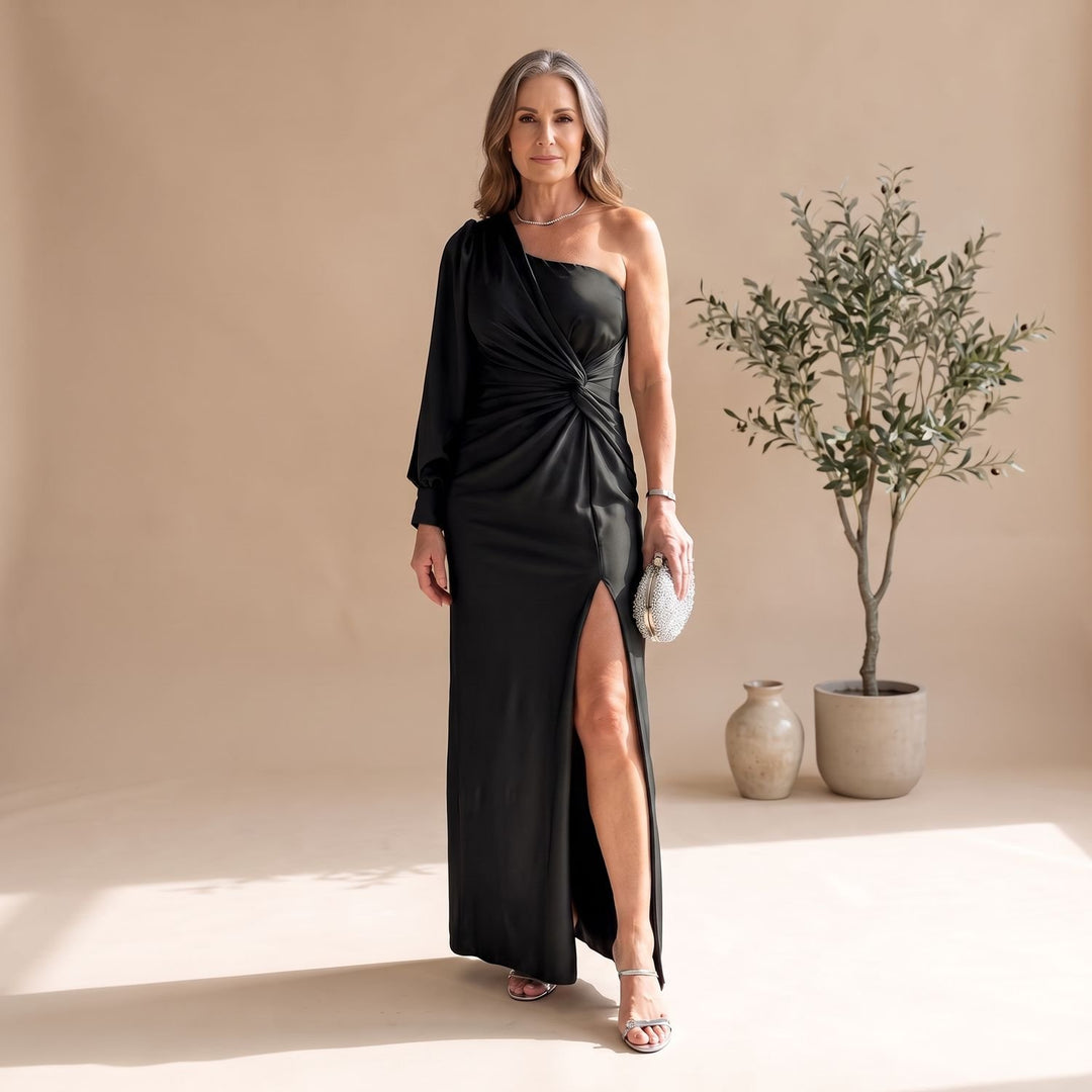 Damen Einschulter Maxi-Abendkleid mit Knotendetail und Schlitz - Schwarz