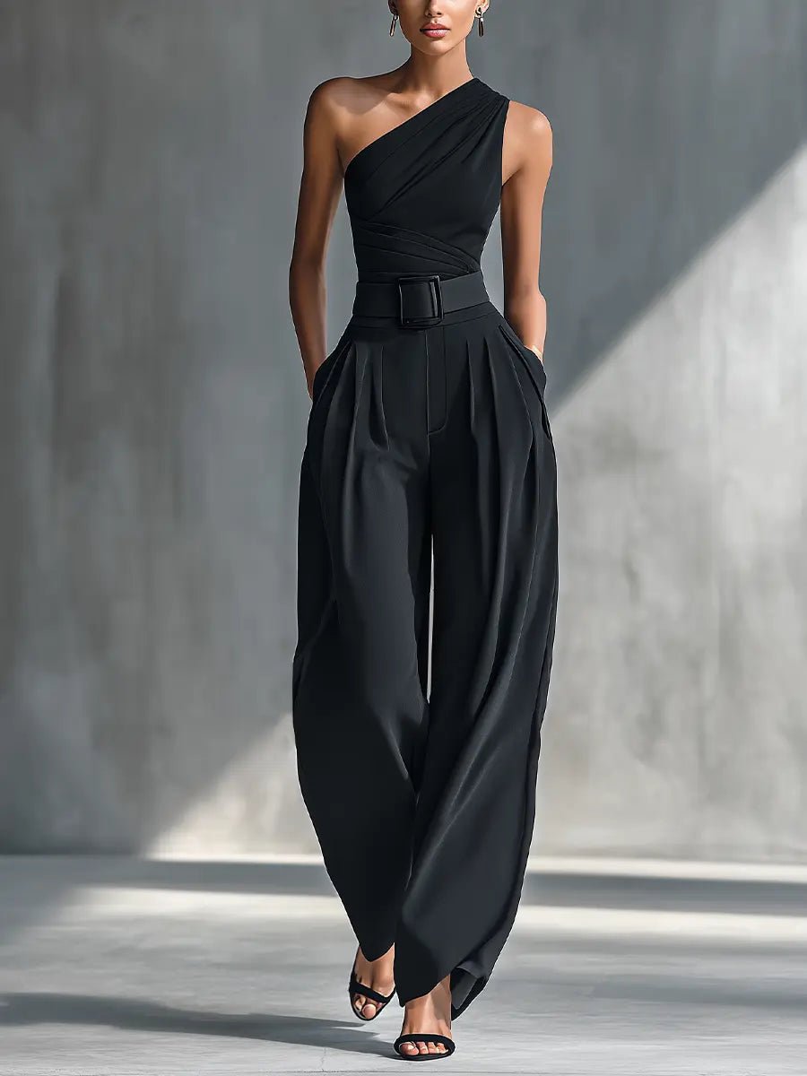 Damen Einteiliger Strick-Top Wide-Leg-Hosen-Set - Black
