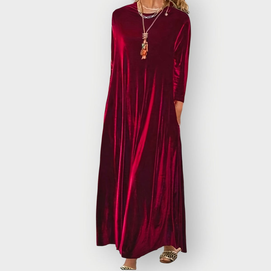 Damen Elegant Formal Dress Langarm Samt Maxi-Kleid - Burgunderrot
