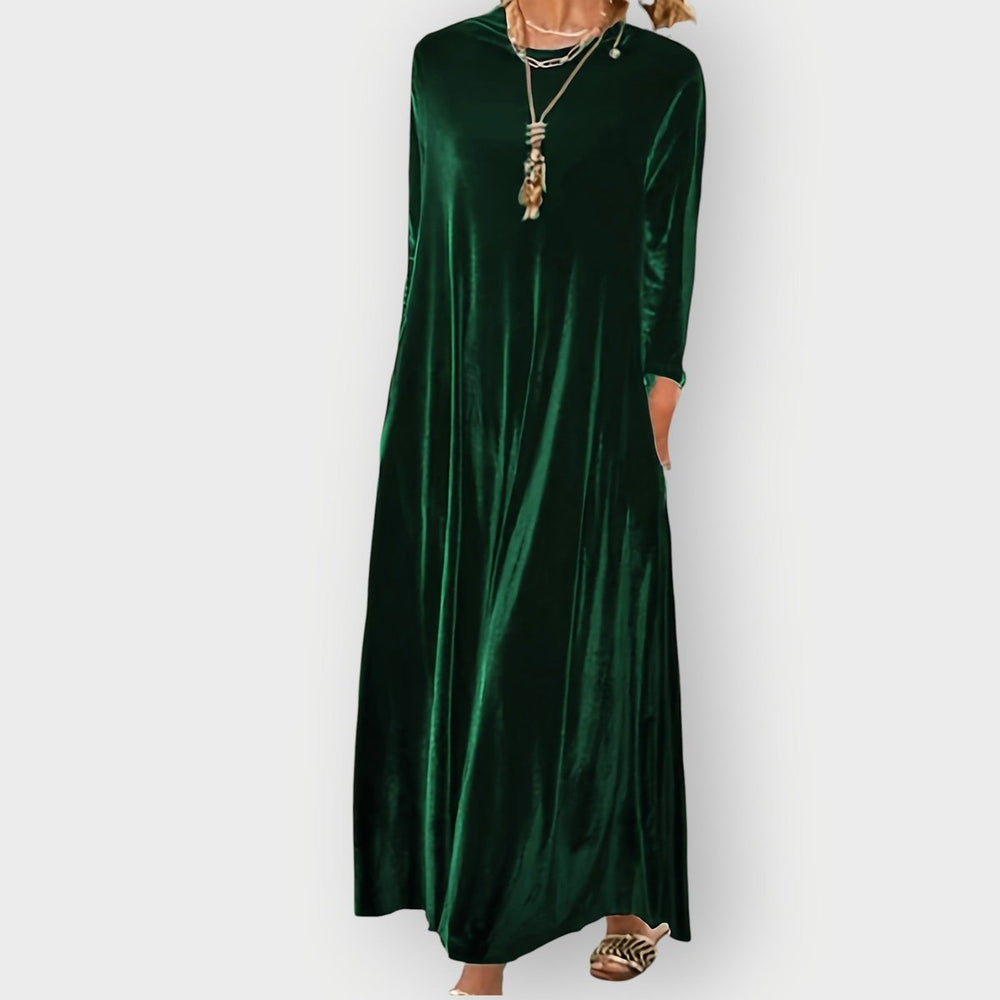 Damen Elegant Formal Dress Langarm Samt Maxi-Kleid - Dunkelgrün