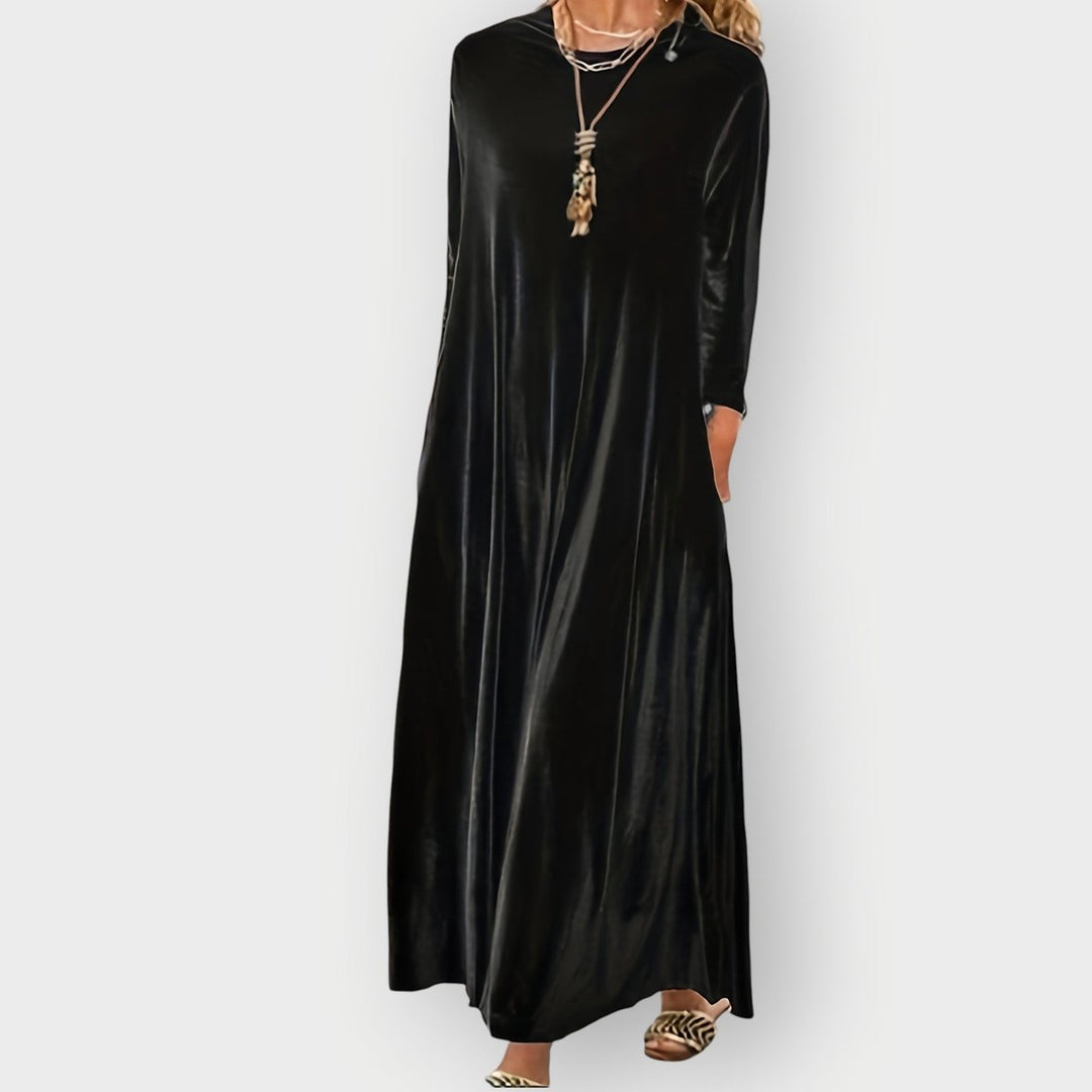 Damen Elegant Formal Dress Langarm Samt Maxi-Kleid - Schwarz