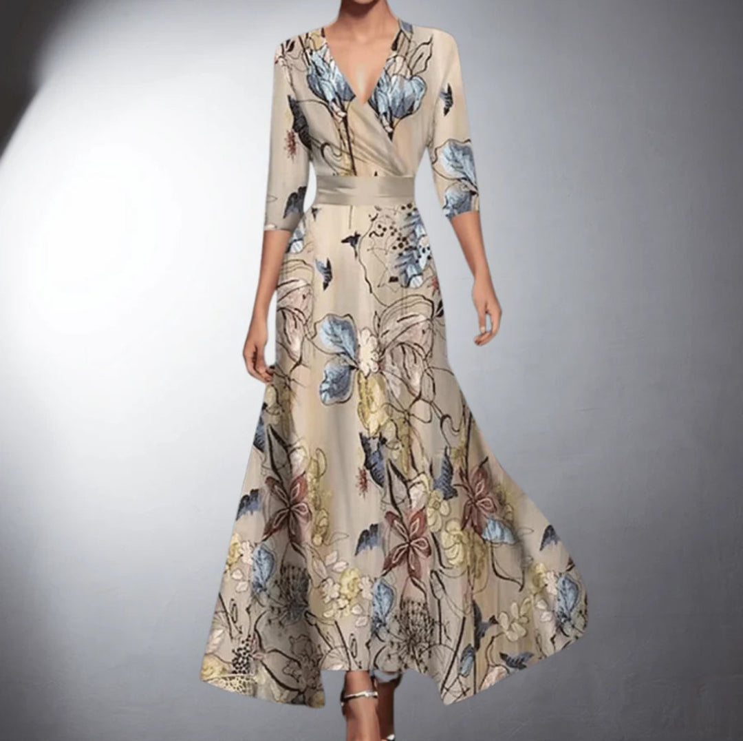 Damen Elegant Formal Dresses Blumen Maxi-Kleid V-Ausschnitt - Blumenmuster