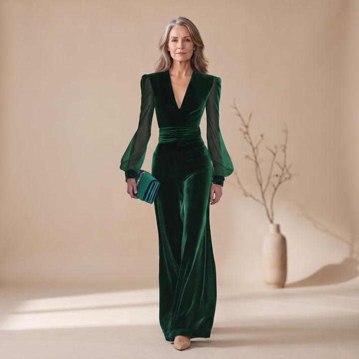 Damen Elegant Jumpsuit Samt V-Ausschnitt Transparente Langarm Weites Bein - Grün