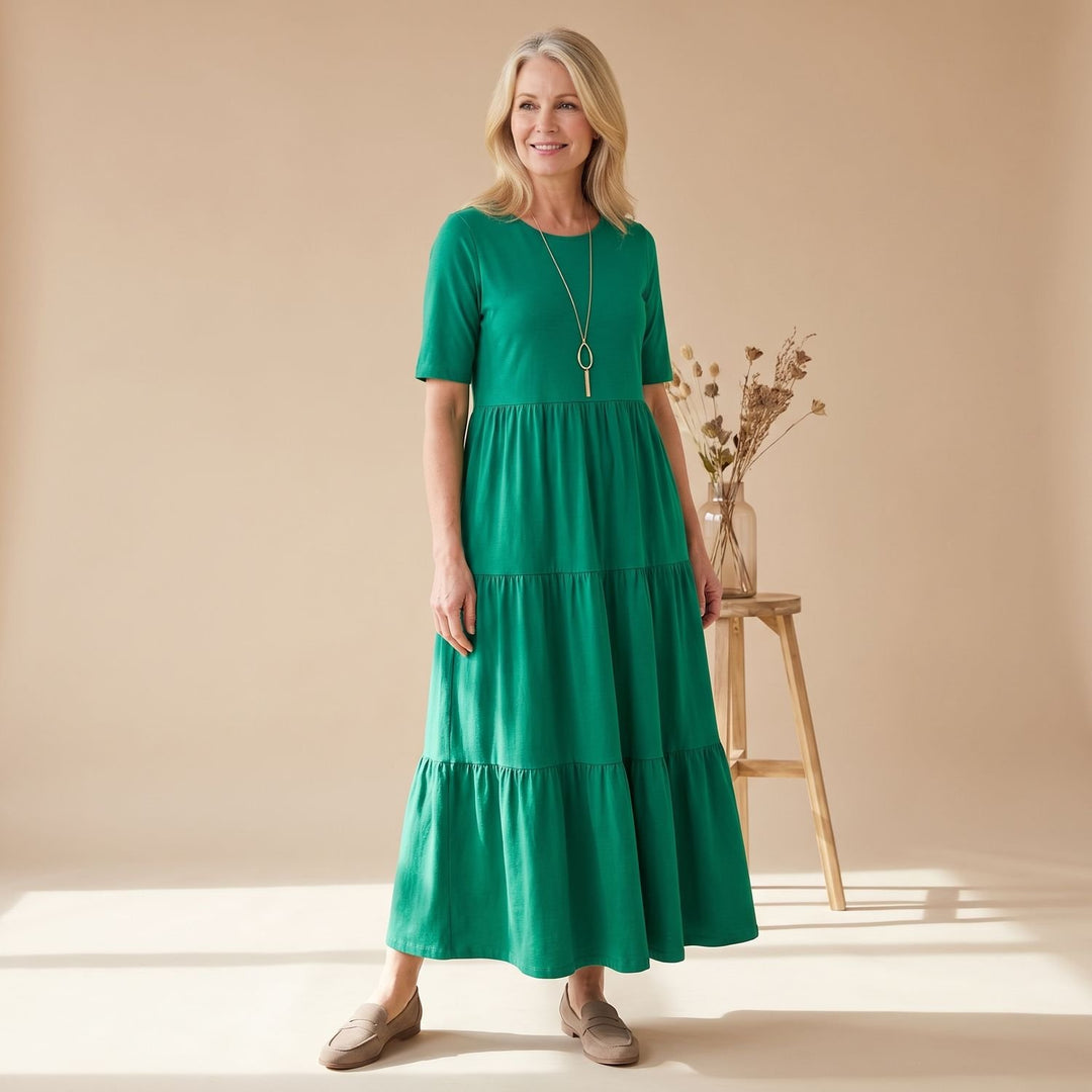 Damen Elegant Maxi Kleid mit V-Ausschnitt Stufenrock Kurzarm - Grün