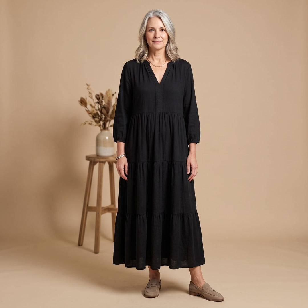 Damen Elegant Maxi Kleid mit V-Ausschnitt Stufenrock Kurzarm - Schwarz