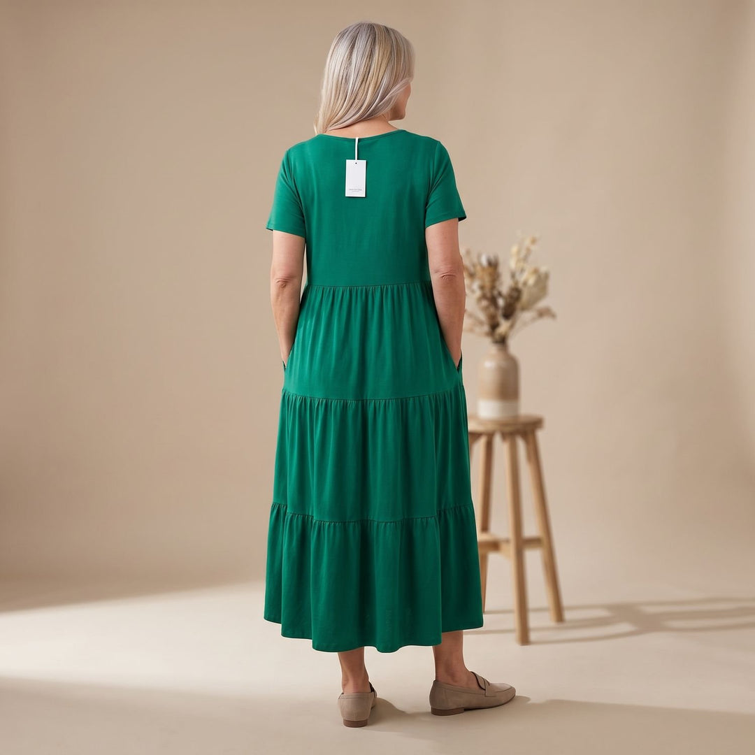 Damen Elegant Maxi Kleid mit V-Ausschnitt Stufenrock Kurzarm