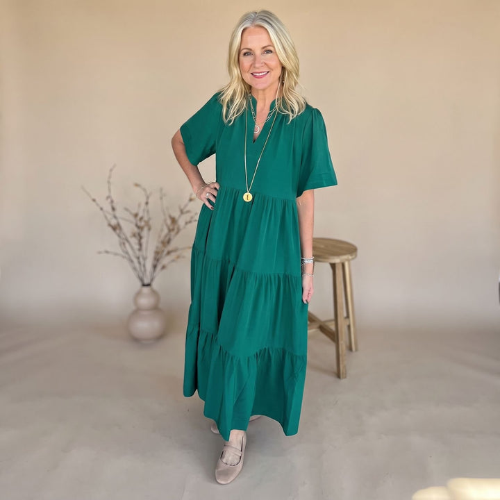 Damen Elegant Maxi Kleid mit V-Ausschnitt Stufenrock Kurzarm