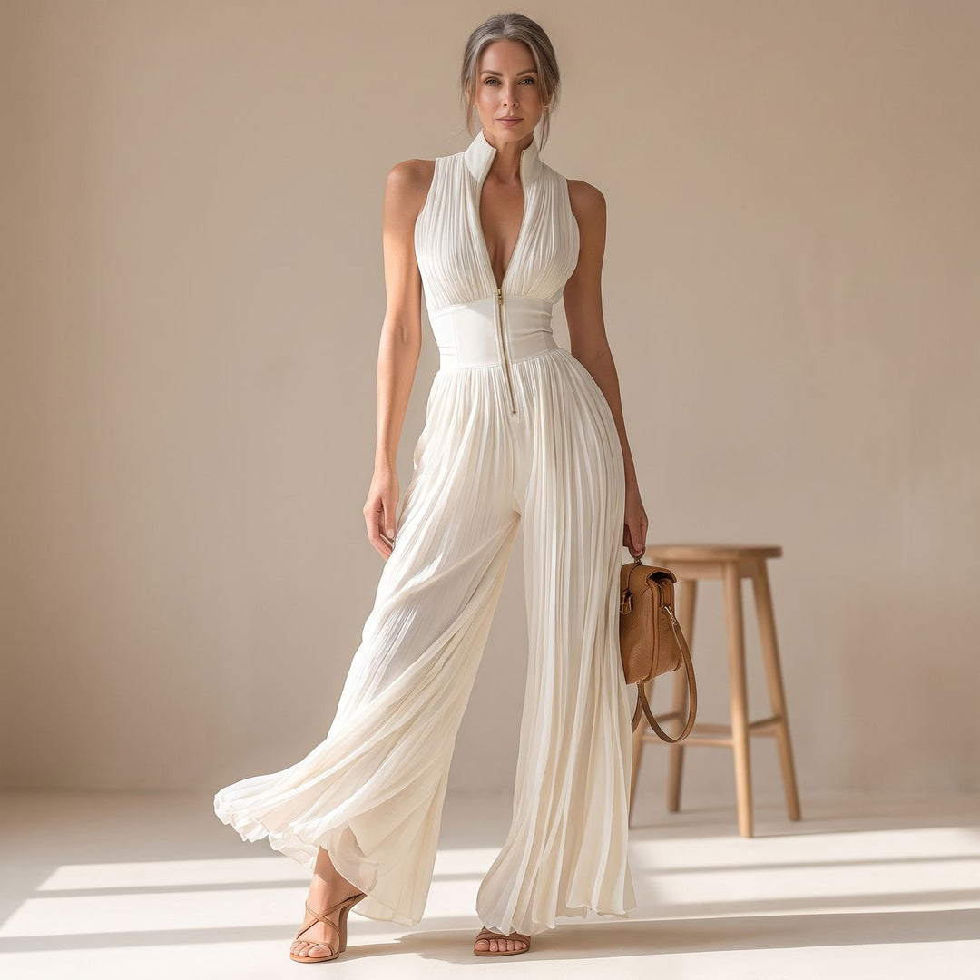 Damen Elegant Plissierter Jumpsuit mit tiefem V-Ausschnitt und Reißverschluss - Weiß