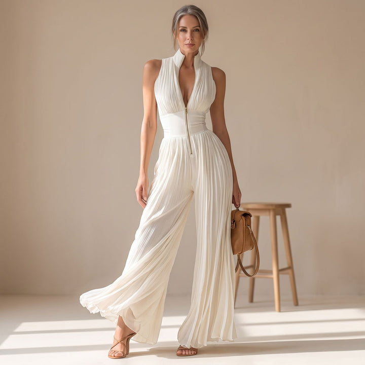 Damen Elegant Plissierter Jumpsuit mit tiefem V-Ausschnitt und Reißverschluss - Weiß