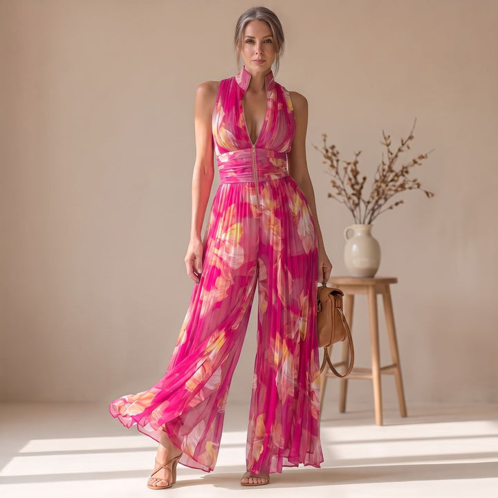 Damen Elegant Plissierter Jumpsuit mit tiefem V-Ausschnitt und Reißverschluss