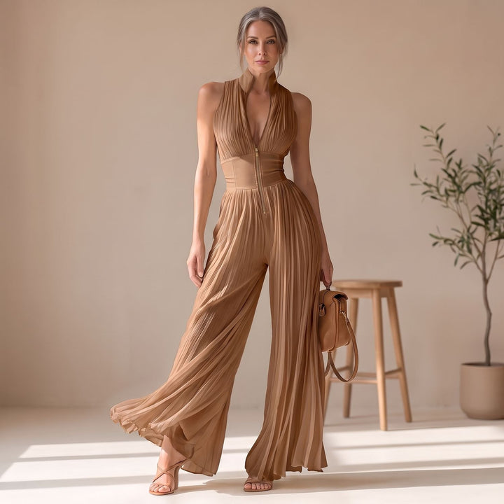 Damen Elegant Plissierter Jumpsuit mit tiefem V-Ausschnitt und Reißverschluss - Braun